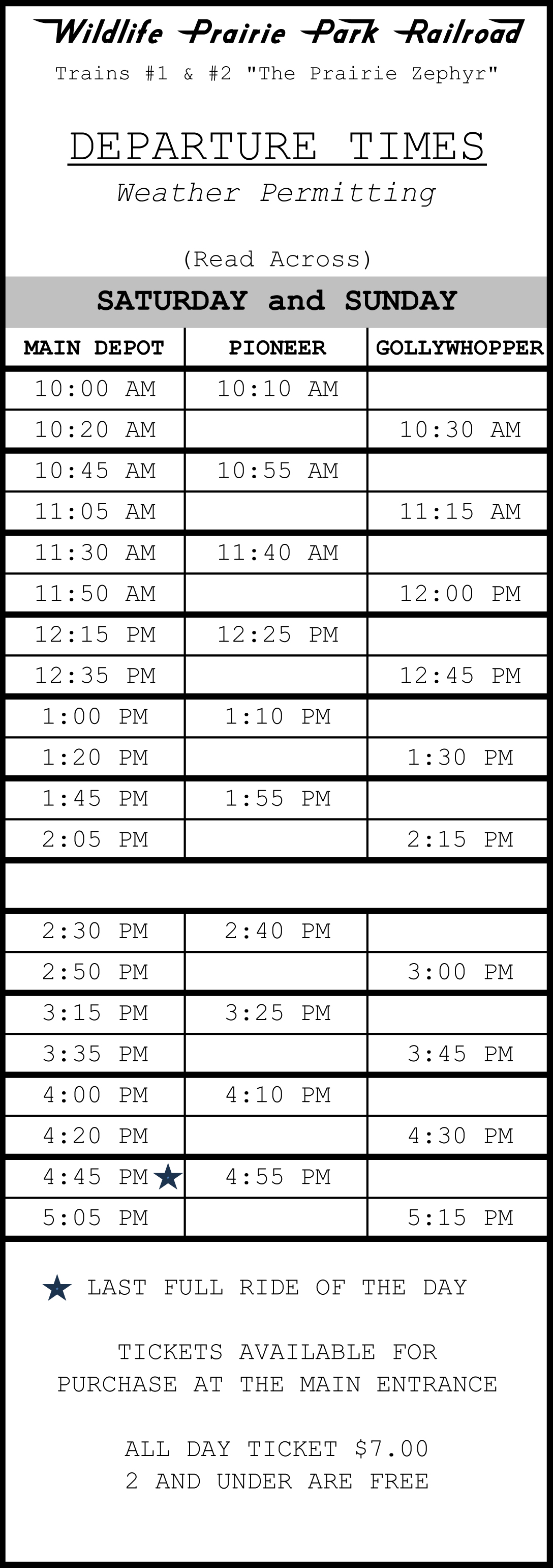 Summer Weekend Train Schedule